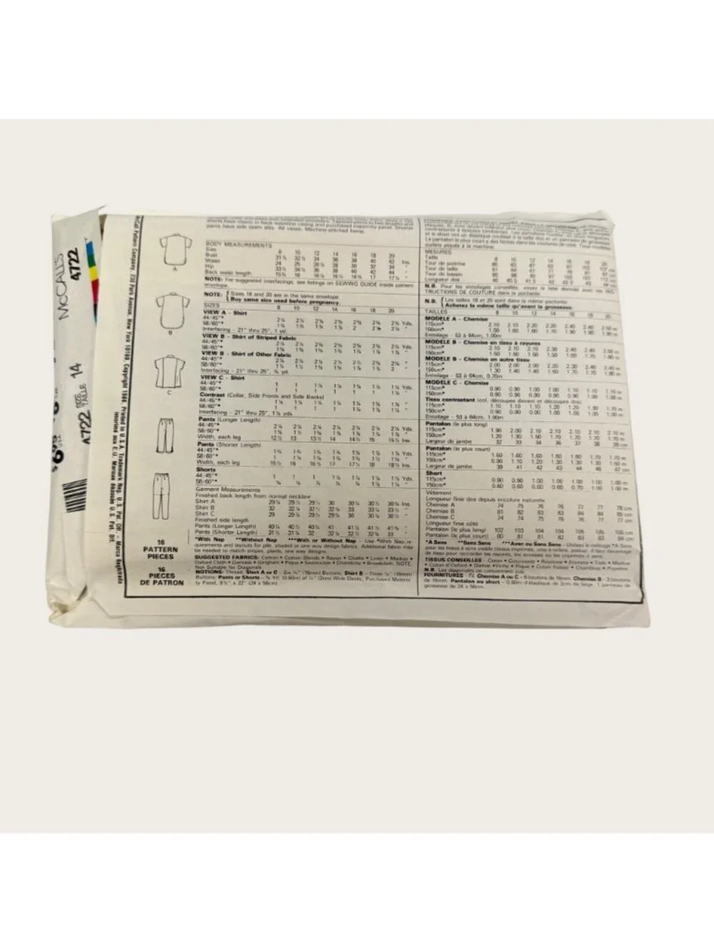 Vintage 1980s McCalls Sewing Pattern 4722 Maternity Shirts Pants Shorts Size 14